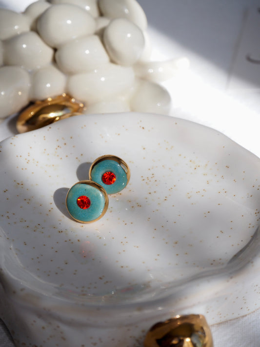 “Supernova” Aqua Green Small Handmade Porcelain Studs with 24k Gold lustre rims and Swarovskis Crystal.