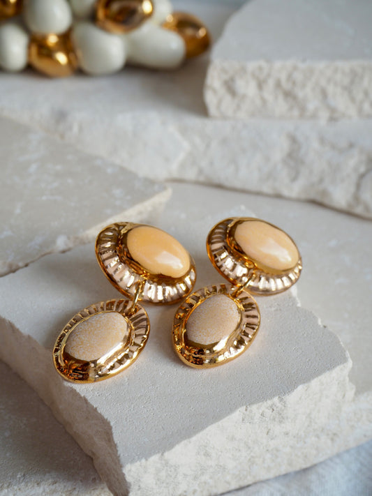 Vanilla “Anima” Handmade Porcelain Earrings with Parchment underglaze under Creamy coloured glazes with 24k gold lustre rays