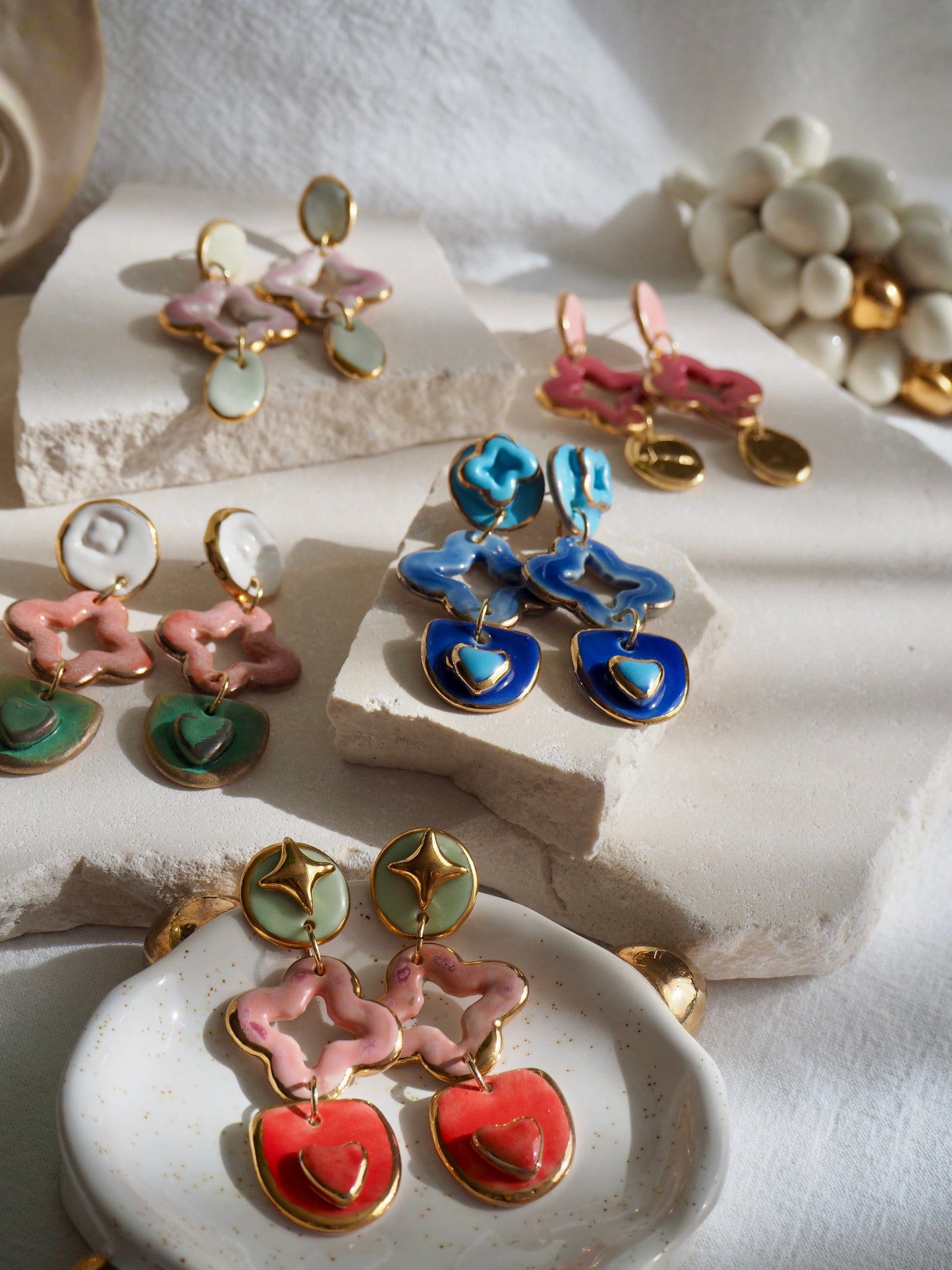 Gioia Originals “Fortunata” Handmade Porcelain Earrings in Mint, Pink & Red glossy glazes with 24k Gold lustre details