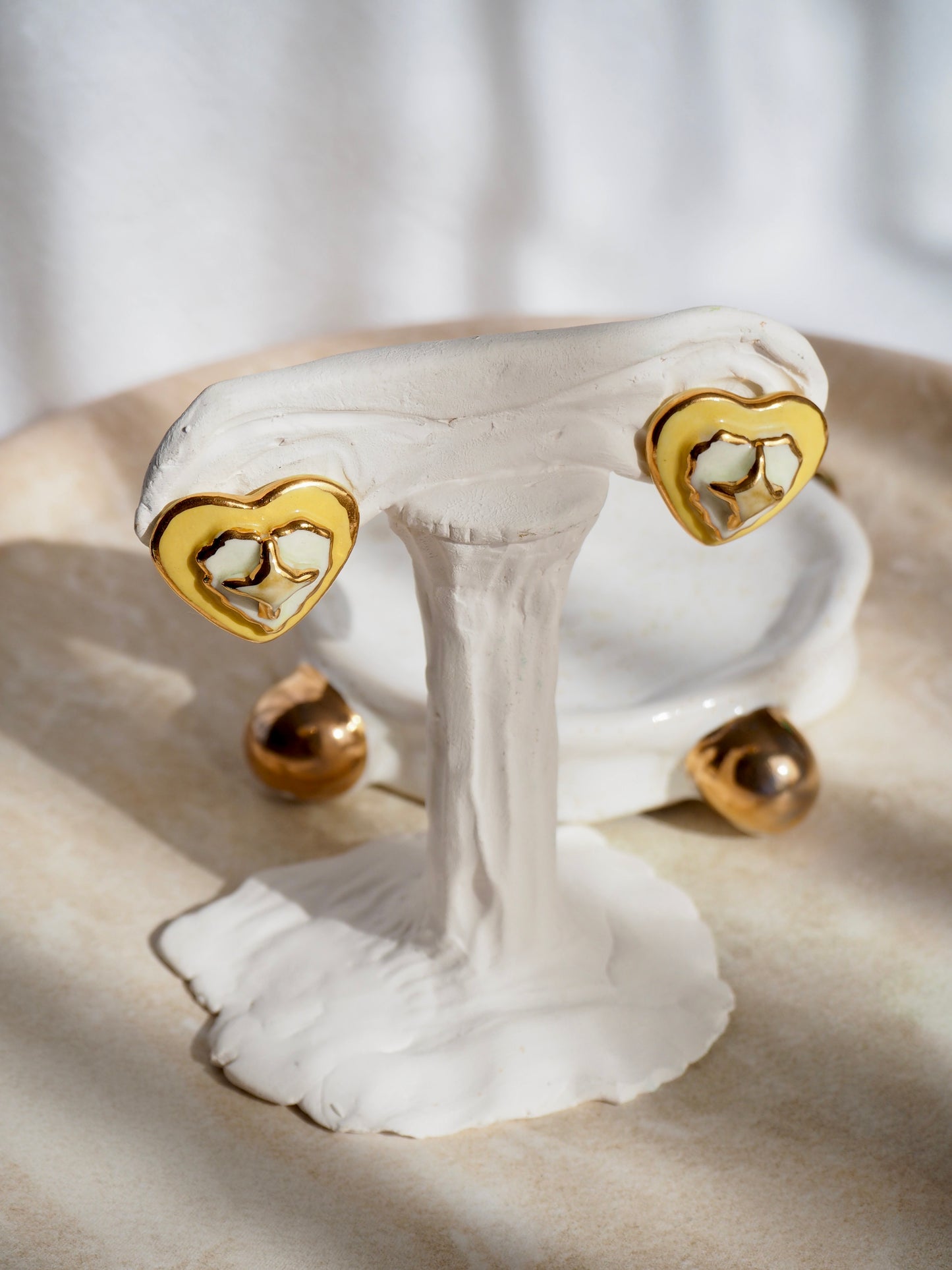 Clip-on Porcelain Heart Earrings in light Yellow & White coloured glazes with 24k Gold lustre details