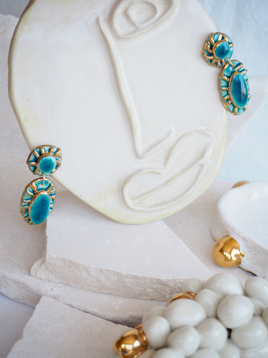 Pietra Collection handmade Porcelain Earrings coloured with Jade glossy glaze with 24k gold lustre details