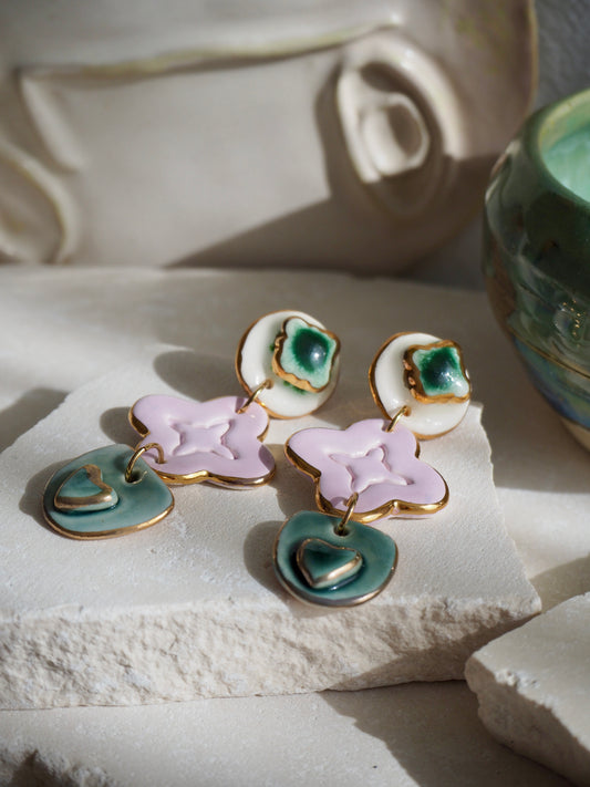 Gioia Originals “Fortunata” Handmade Porcelain Earrings in Greens, White & Lilac glossy glazes with 24k Gold lustre details