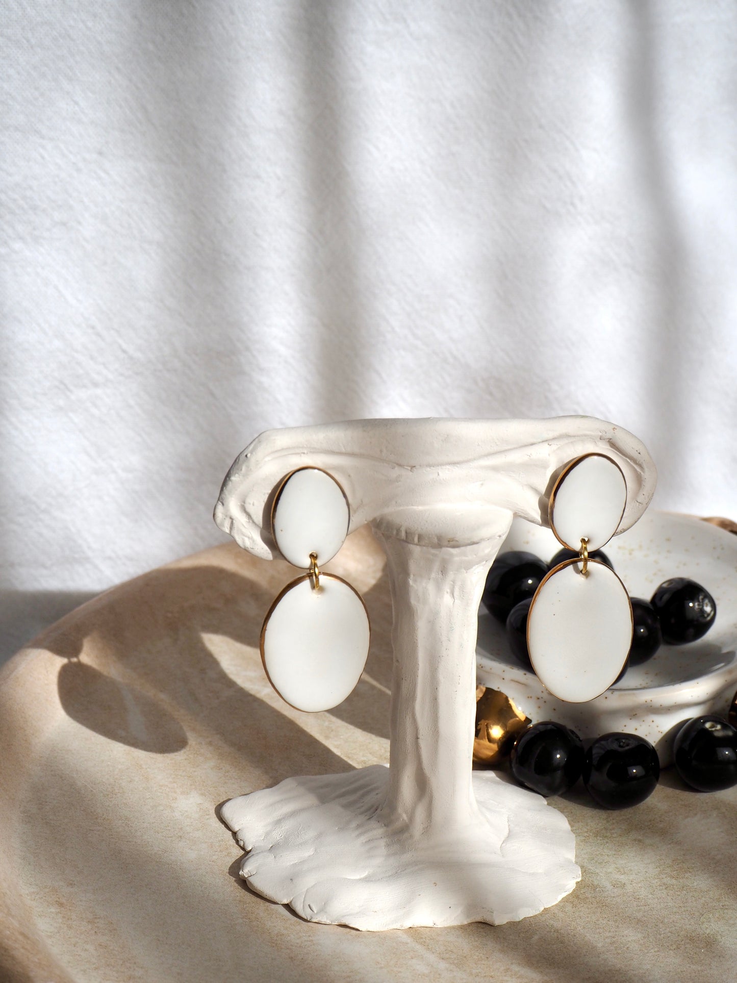 Handmade Porcelain Earrings coloured with white glossy glaze with 24k gold rims