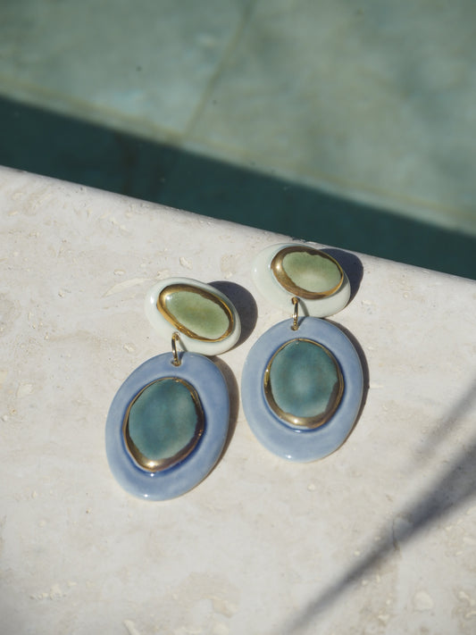 Femminilità Porcelain Earrings in Green Tones & Light Cobalt Blue coloured glazes