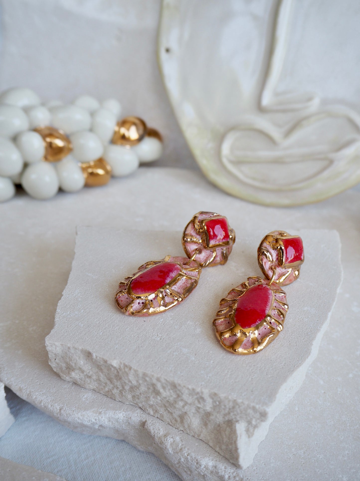 Pietra Collection handmade Porcelain Earrings coloured with Red and Pink glossy glaze with 24k gold lustre details