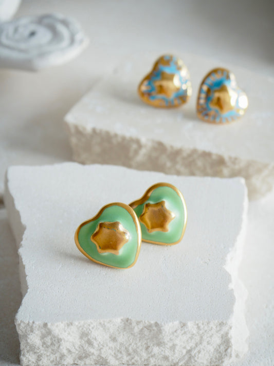Small Handmade Porcelain Heart Stud coloured with “Bright Green” glaze with 24k Gold lustre details and Gold center Star