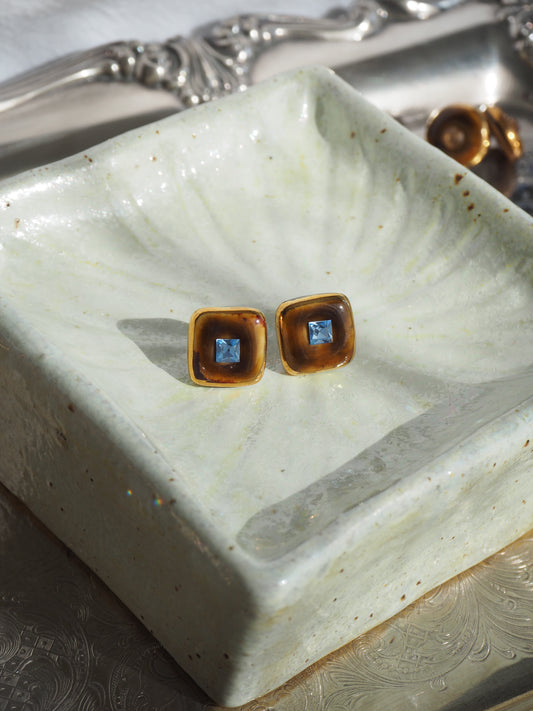 “Bigger Supernova” Warm Brown Large Handmade Porcelain Studs with 24k Gold lustre rims and an Swarovskis Crystal