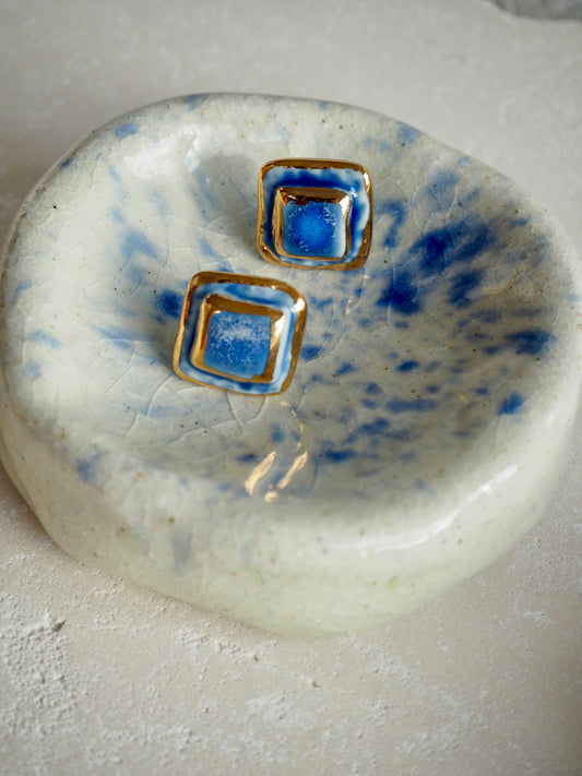 “il Quadrato” Small Handmade Porcelain Studs coloured with Dark Blue glossy glaze with 24k Gold lustre details