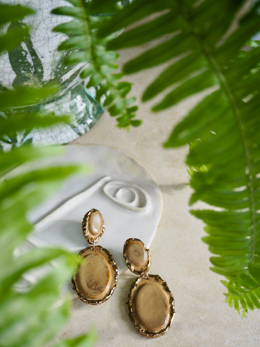 Femminilità Porcelain Earrings in Caramel coloured glaze with Copper lustre textured rims