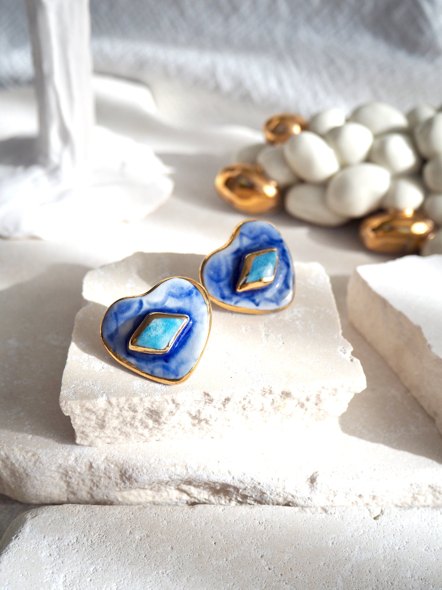 Large Handmade Porcelain Heart Stud Earrings coloured with “Shades of Blues” glossy glazes & 24k Gold lustre details
