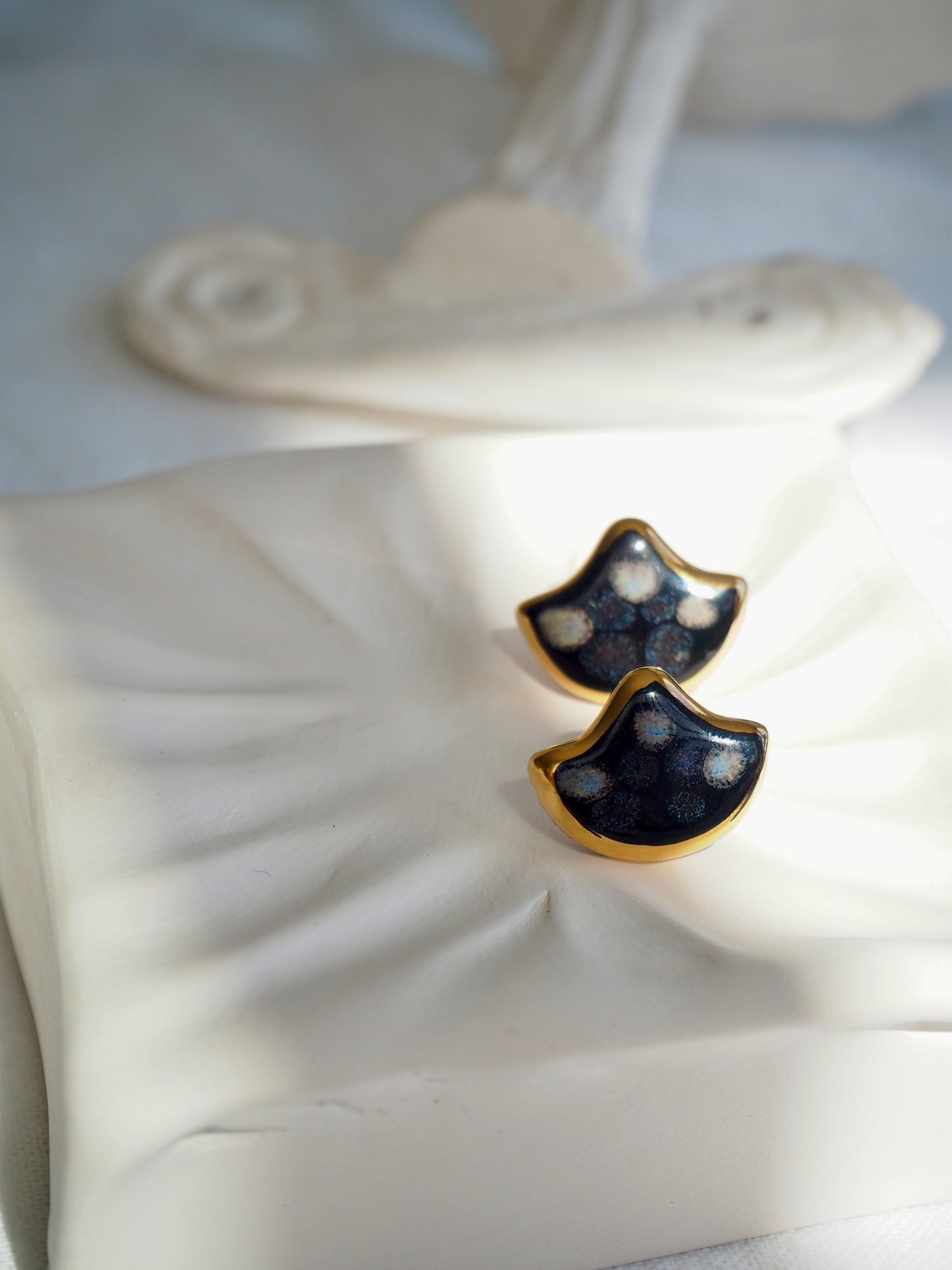 the Jocelyn collection “Conchiglia Black”handmade Porcelain Earrings with 24k gold lustre details