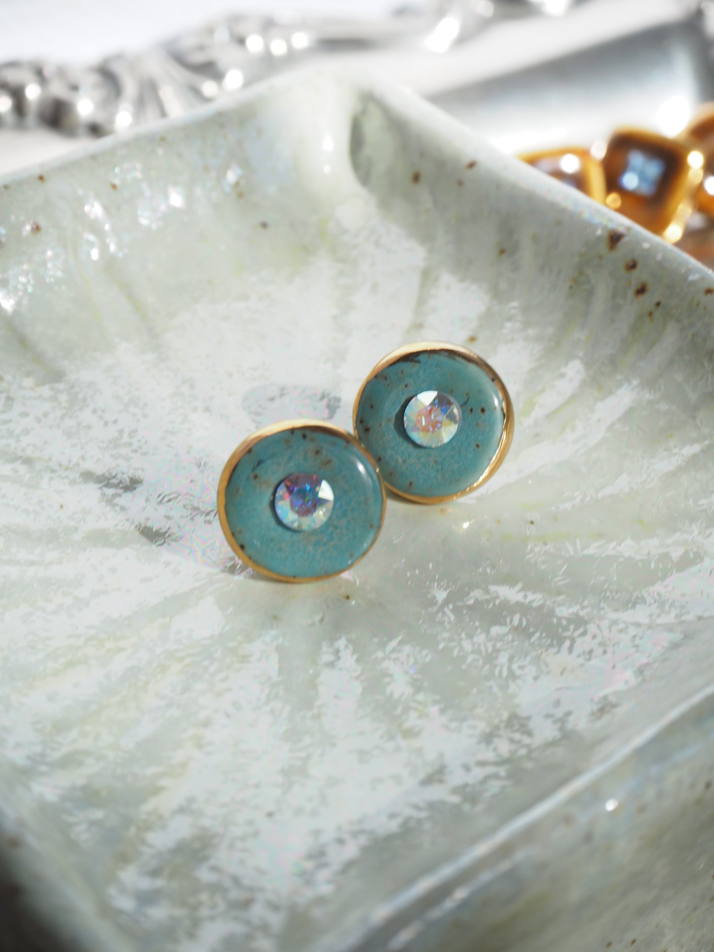 “Bigger Supernova” Speckled Aqua Large Handmade Porcelain Studs with 24k Gold lustre rims and an Swarovskis Crystal