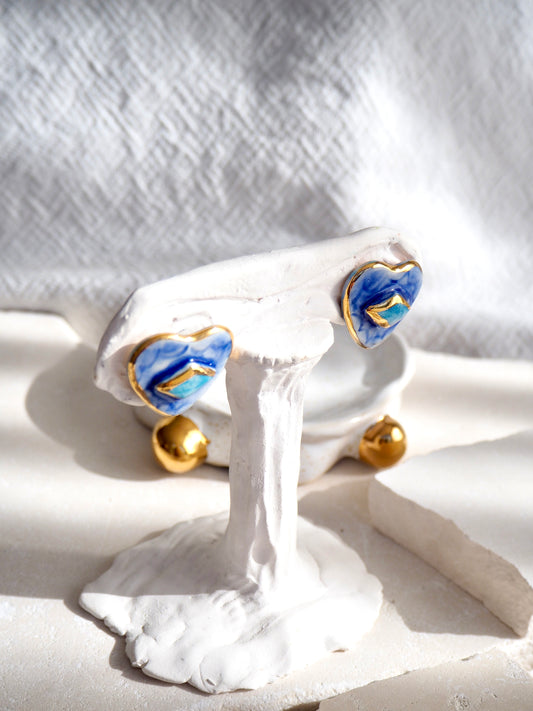 Large Handmade Porcelain Heart Stud Earrings coloured with “Shades of Blues” glossy glazes & 24k Gold lustre details