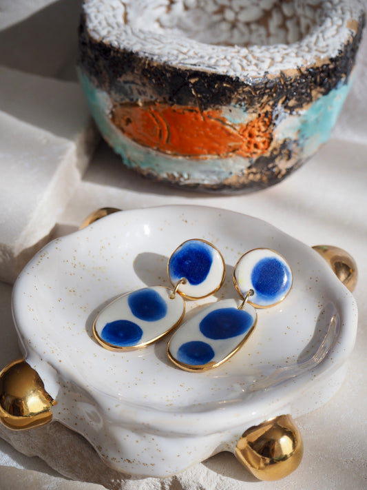 Royal Blue Dots & White Porcelain Earrings coloured using ceramic stain under clear glaze for glossy look