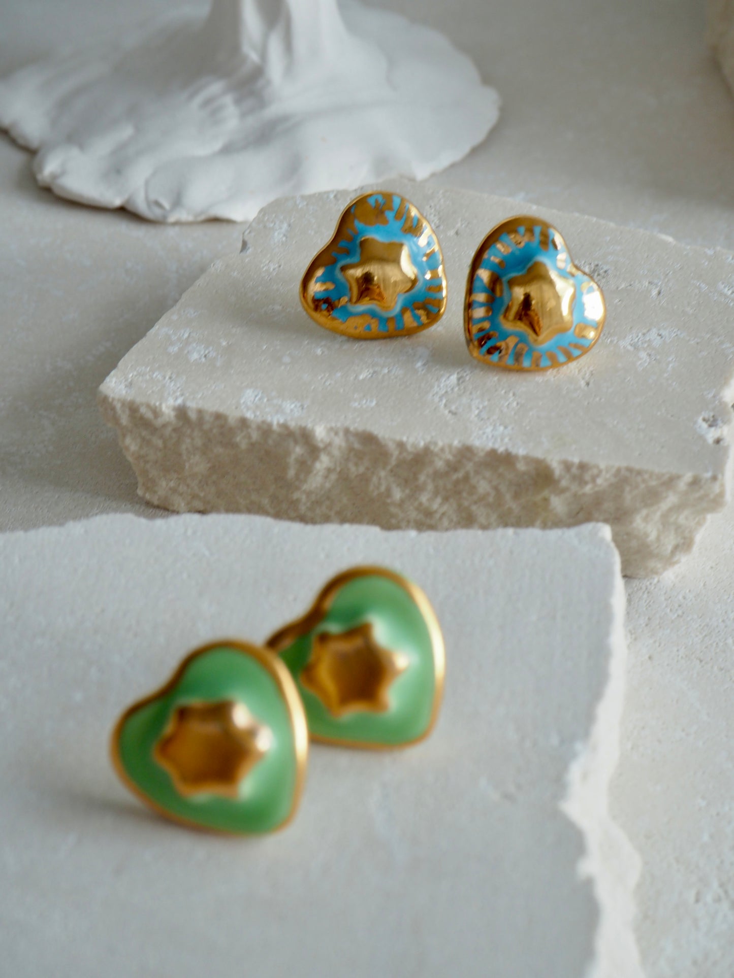 Small Handmade Porcelain Heart Stud coloured with “Sky Blue” glaze with 24k Gold lustre details and Gold center Star