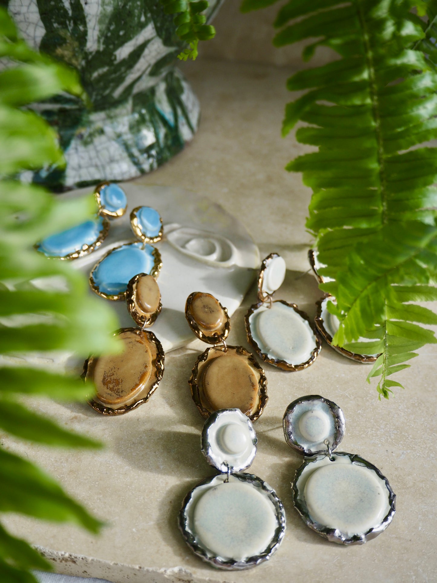 Femminilità Porcelain Earrings in Caramel coloured glaze with Copper lustre textured rims