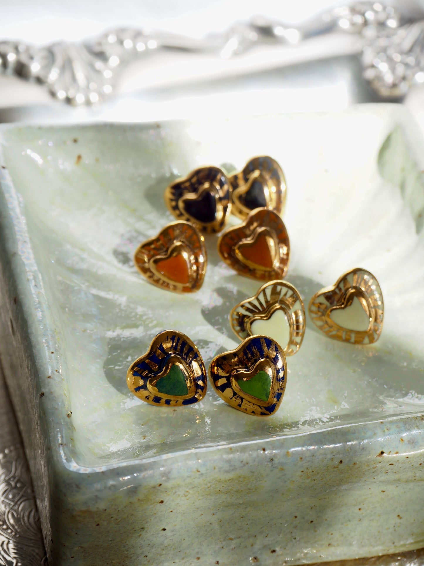 Small Handmade Porcelain Heart Stud coloured with “Caramel” glossy glaze with 24k Gold lustre rays