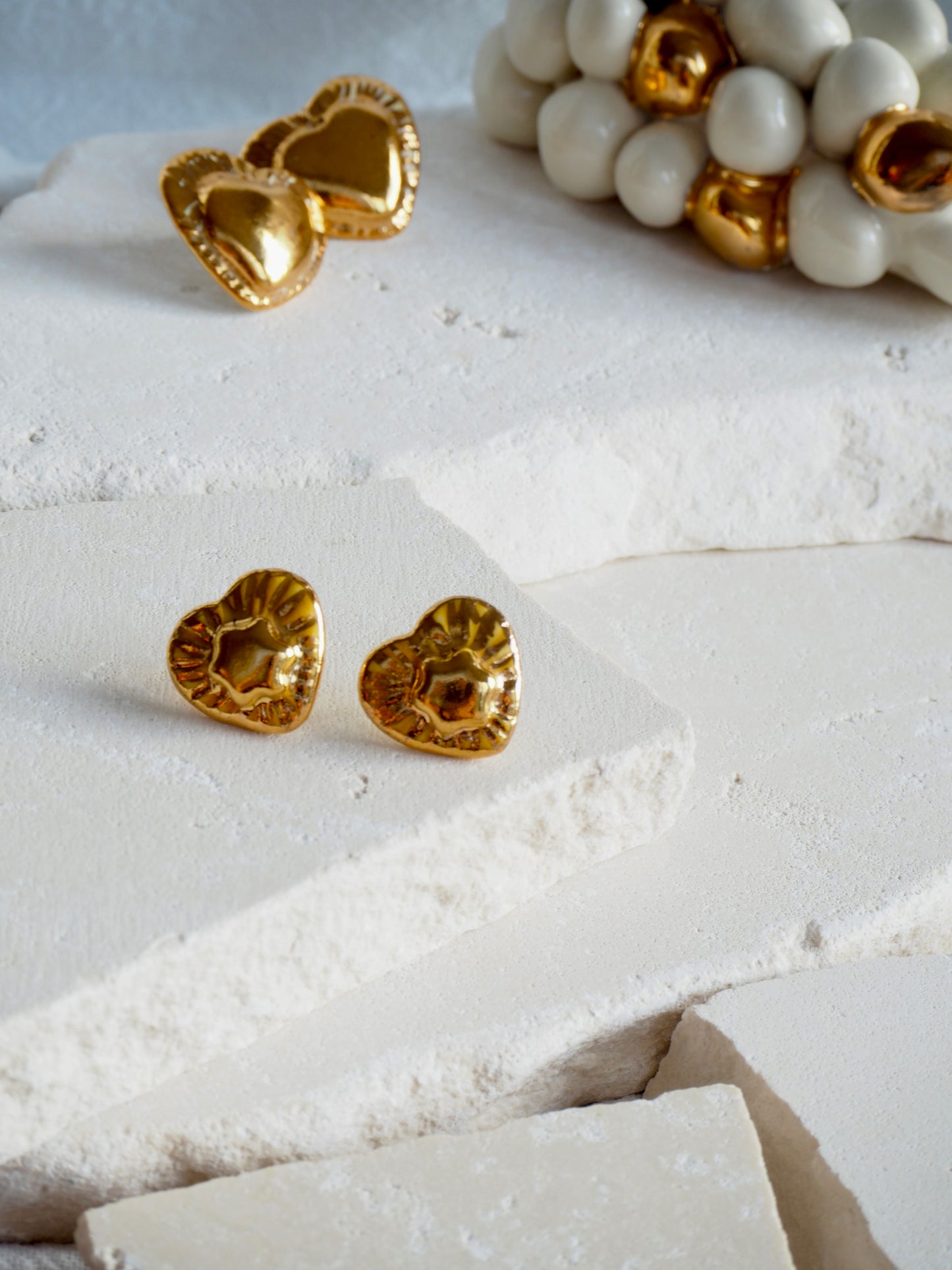 Small Handmade Porcelain Heart Stud Earrings coloured with glossy Yellow glaze with 24k Gold lustre details and Gold center Star
