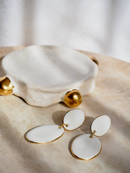 Handmade Porcelain Earrings coloured with white glossy glaze with 24k gold rims