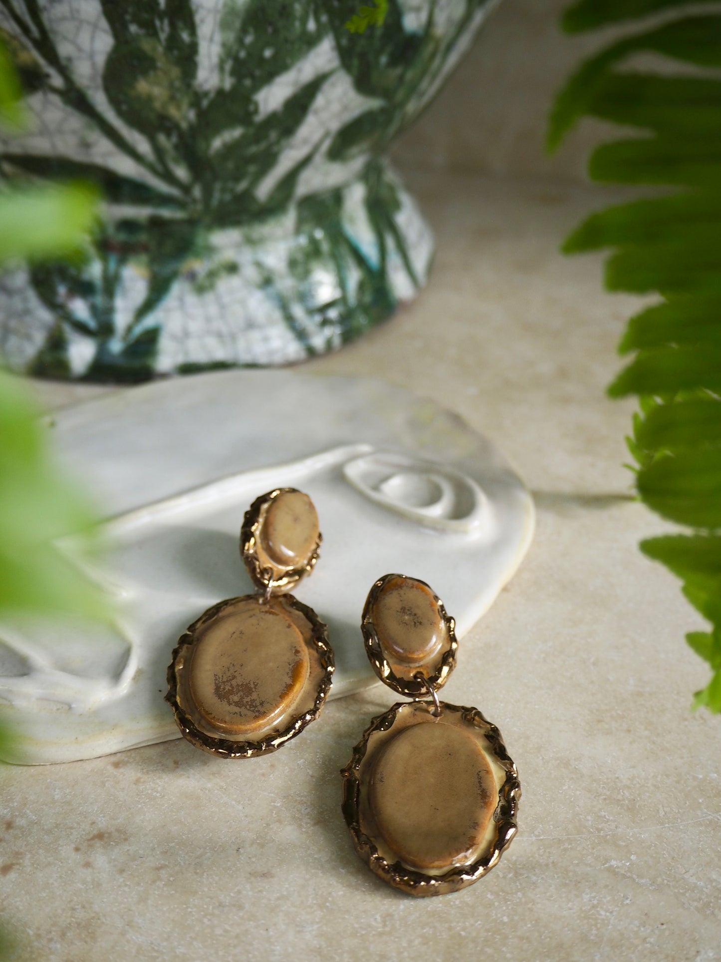 Femminilità Porcelain Earrings in Caramel coloured glaze with Copper lustre textured rims