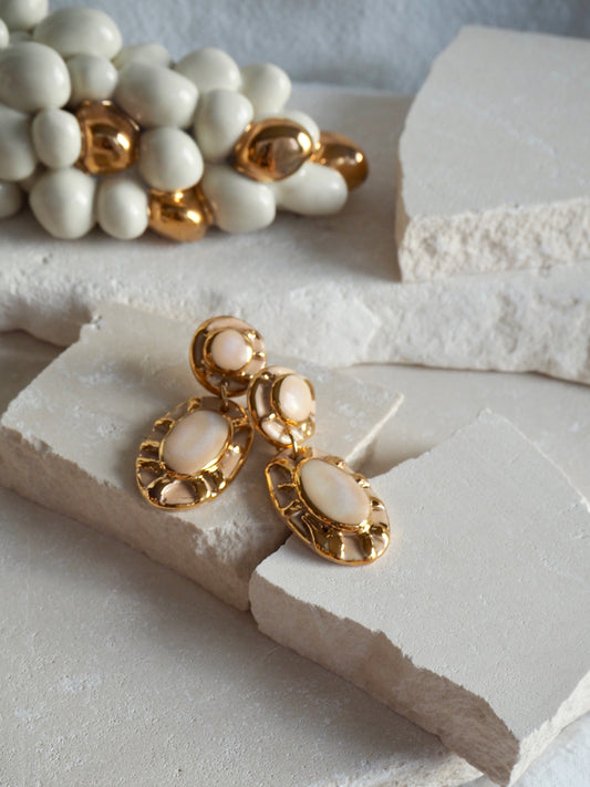 Pietra Collection handmade Porcelain Earrings coloured with Cream and Fading White glossy glaze with 24k gold lustre details
