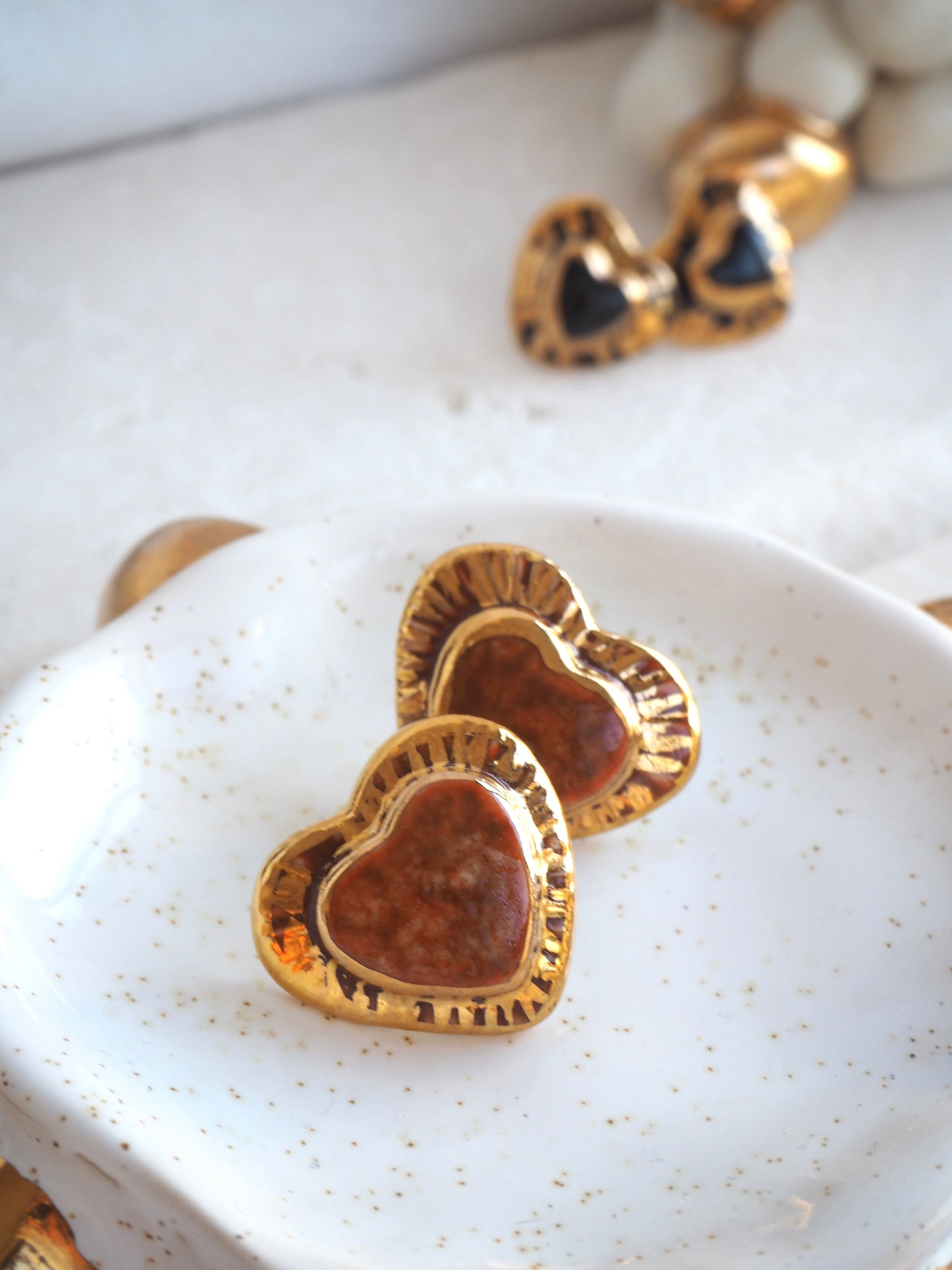 Large Handmade Porcelain Heart Stud Earrings coloured with “Leader Brown” & 24k Gold lustre details