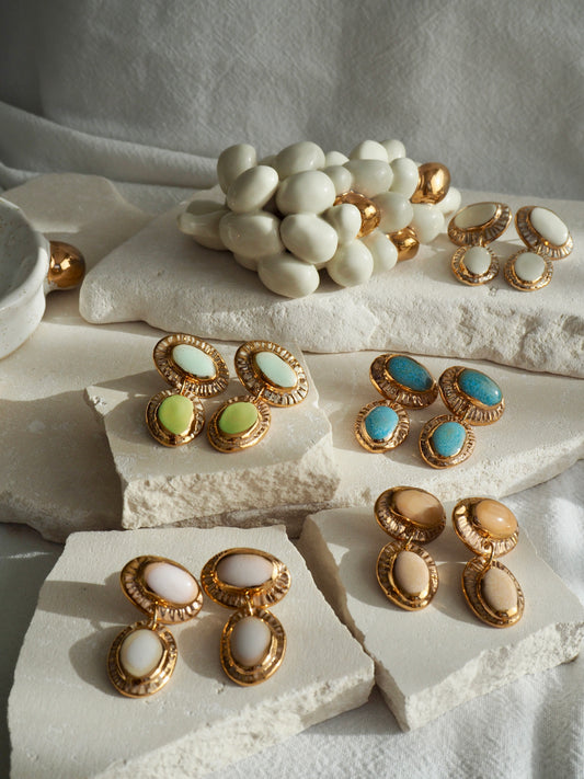 Hideaway Bay “Anima” Handmade Porcelain Earrings with Parchment underglaze and Green & Pale blue glazes with 24k gold lustre rays