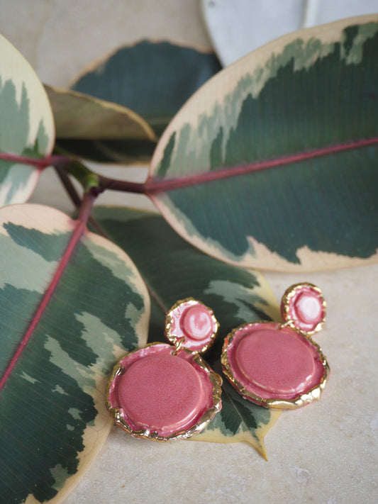 Femminilità Porcelain Earrings in “Raspberry Mist” coloured glossy glaze with 24k Gold lustre textured rims