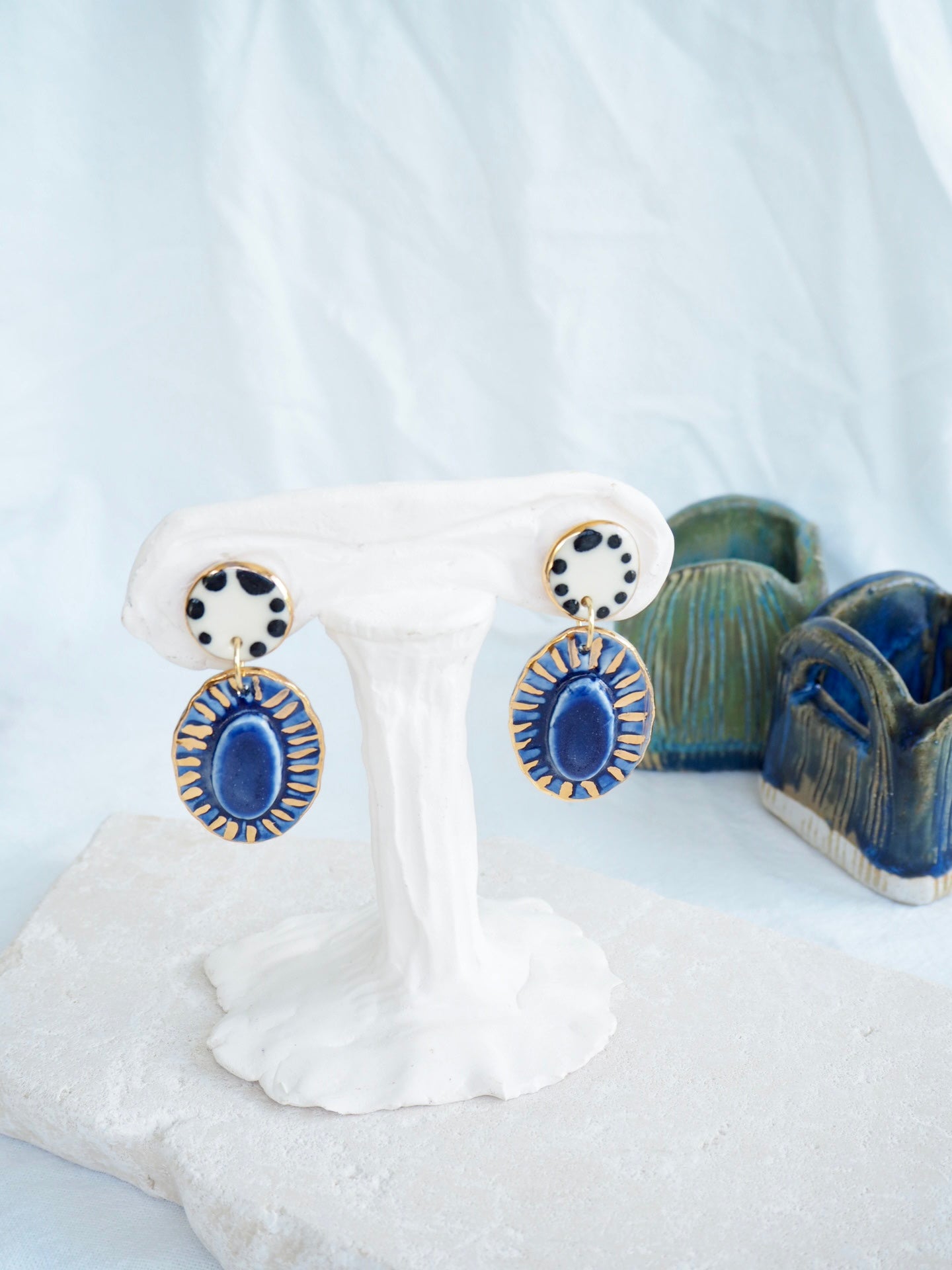 “Golden Rays” Blue & Black and white Porcelain Earrings in “Royal Blue” and “Nero” ceramic stain under clear glaze for glossy look