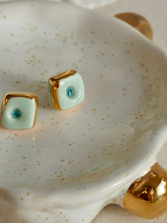“il Quadrato” Small Handmade Porcelain Studs coloured with Shades of Aqua glossy glaze with 24k Gold lustre details