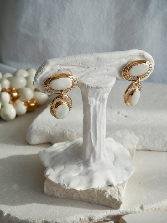 White Dunes “Anima” Handmade Porcelain Earrings with White glaze on White porcelain with 24k gold lustre rays