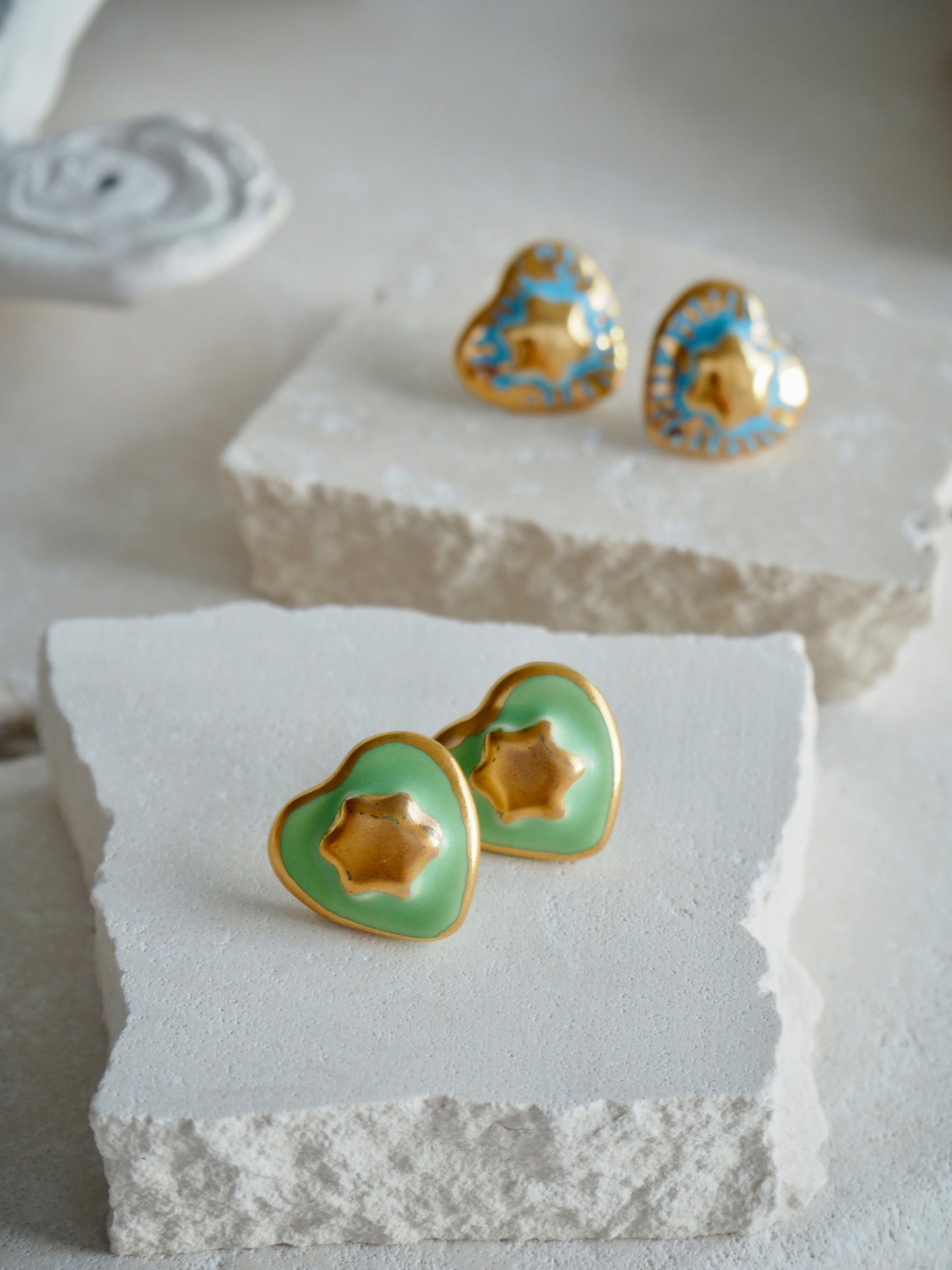 Small Handmade Porcelain Heart Stud coloured with “Bright Green” glaze with 24k Gold lustre details and Gold center Star