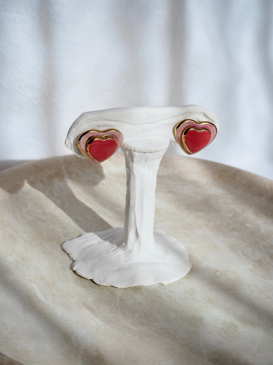 Porcelain Heart Earrings in Light Pink and Red glossy glazes & 24k Gold lustre rim