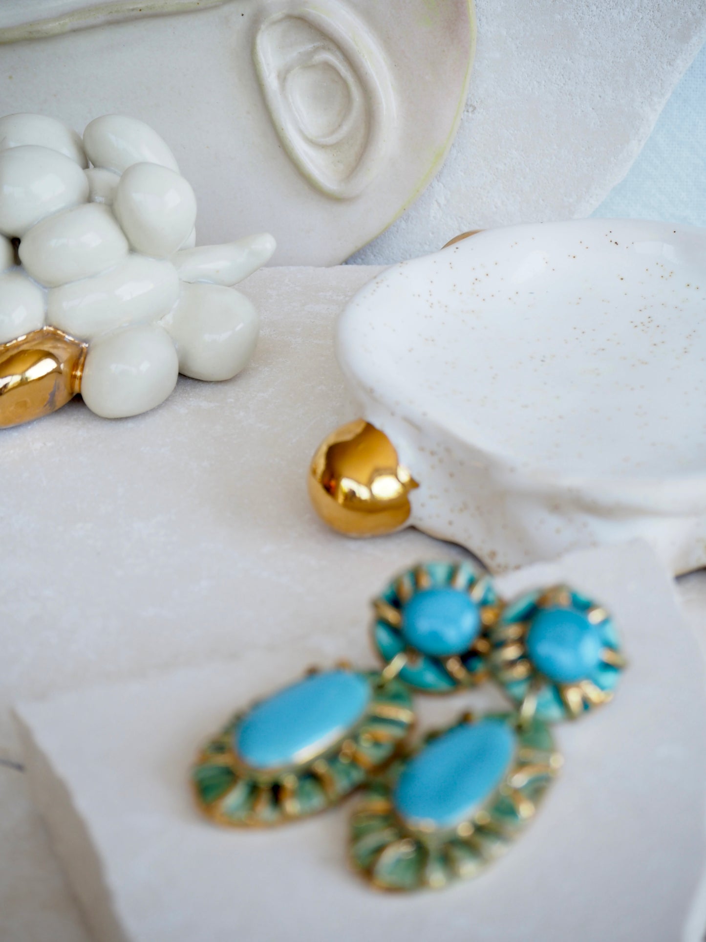 Pietra Collection handmade Porcelain Earrings coloured with Turquoise and Green glossy glaze with 24k gold lustre details