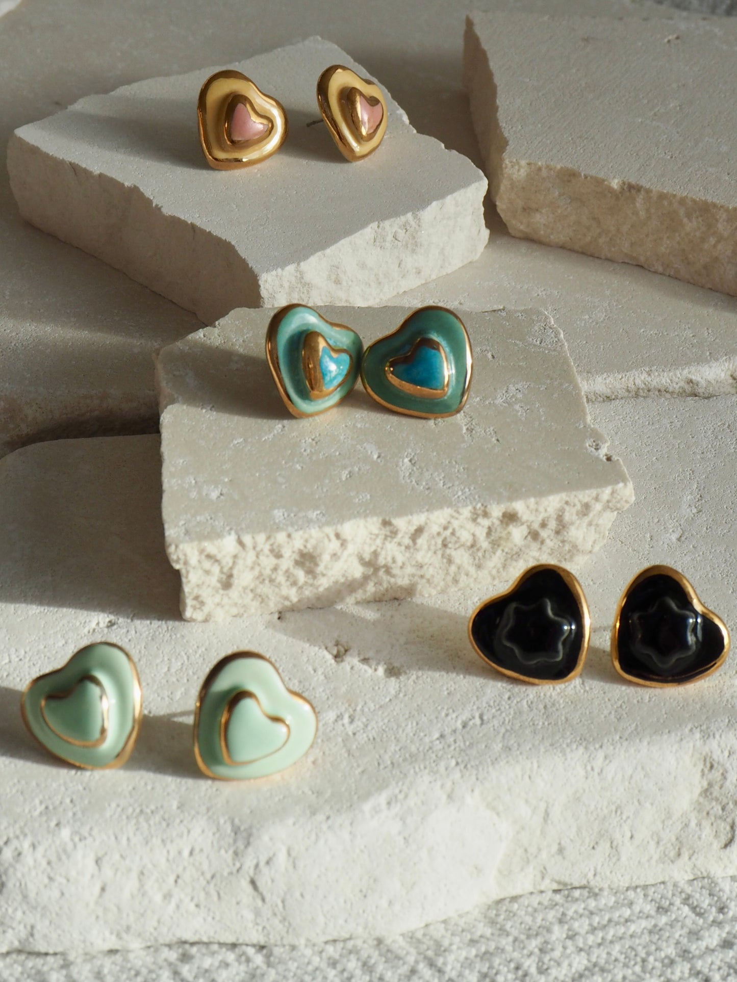 Small Handmade Porcelain Heart Stud coloured with “Light Sade” matt glaze with 24k Gold lustre details