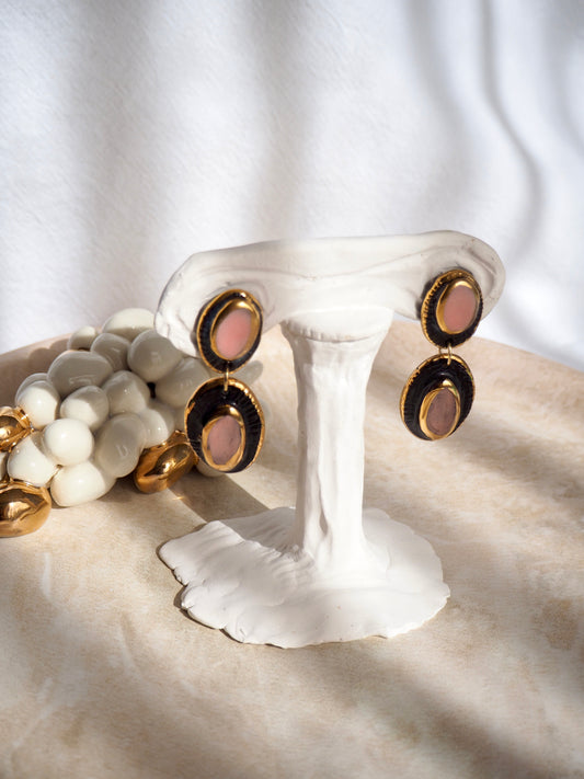 Pietra Collection handmade Black Ceramic Earrings coloured using pink glaze with 24k gold lustre details