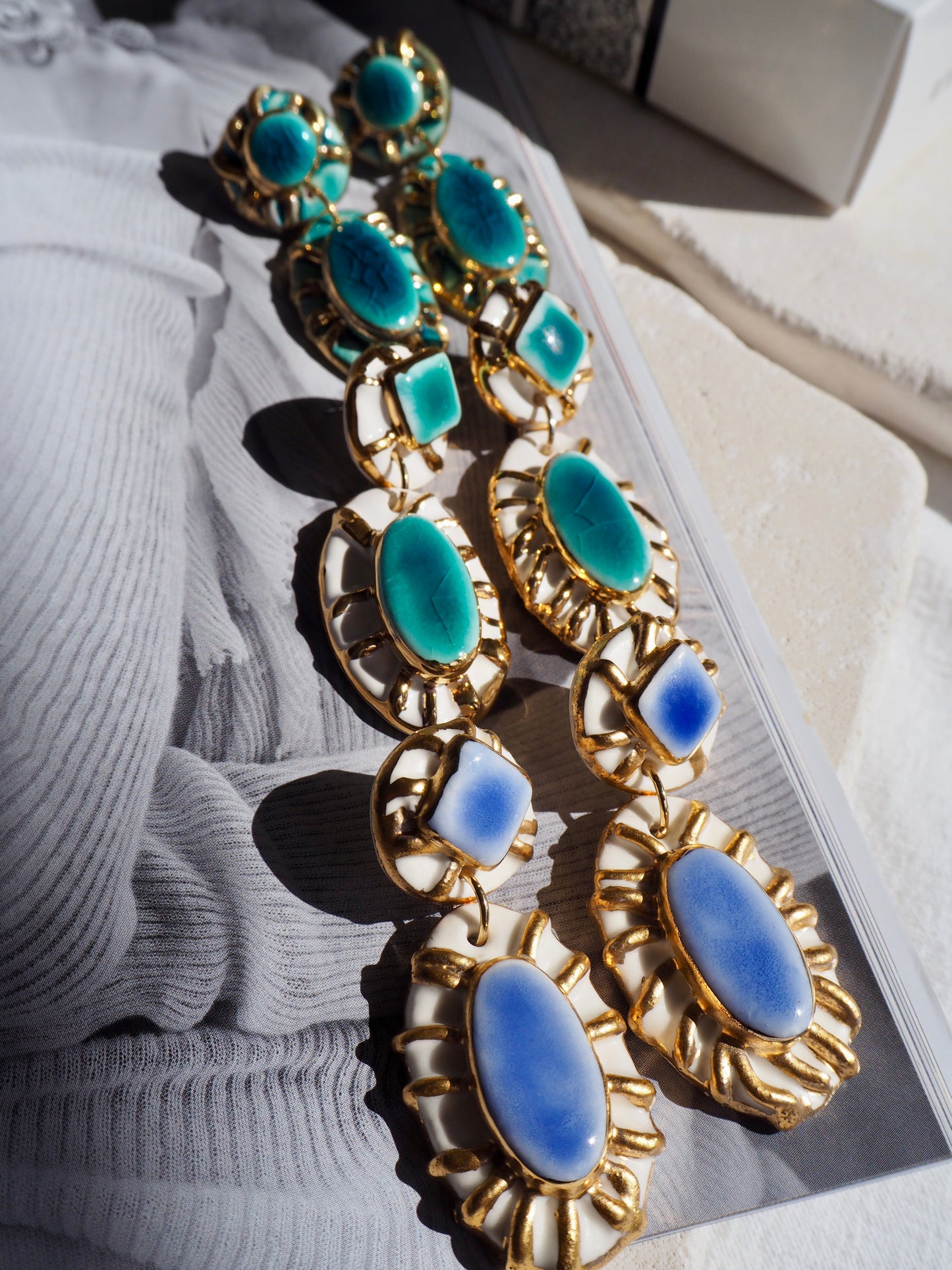 Pietra Collection handmade Porcelain Earrings coloured with Blue and White glossy glaze with 24k gold lustre details
