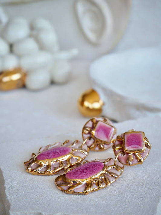 Pietra Collection handmade Porcelain Earrings coloured with Dark and Light Pink glossy glaze with 24k gold lustre details