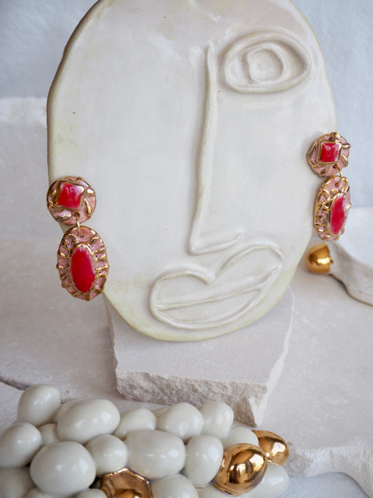 Pietra Collection handmade Porcelain Earrings coloured with Red and Pink glossy glaze with 24k gold lustre details
