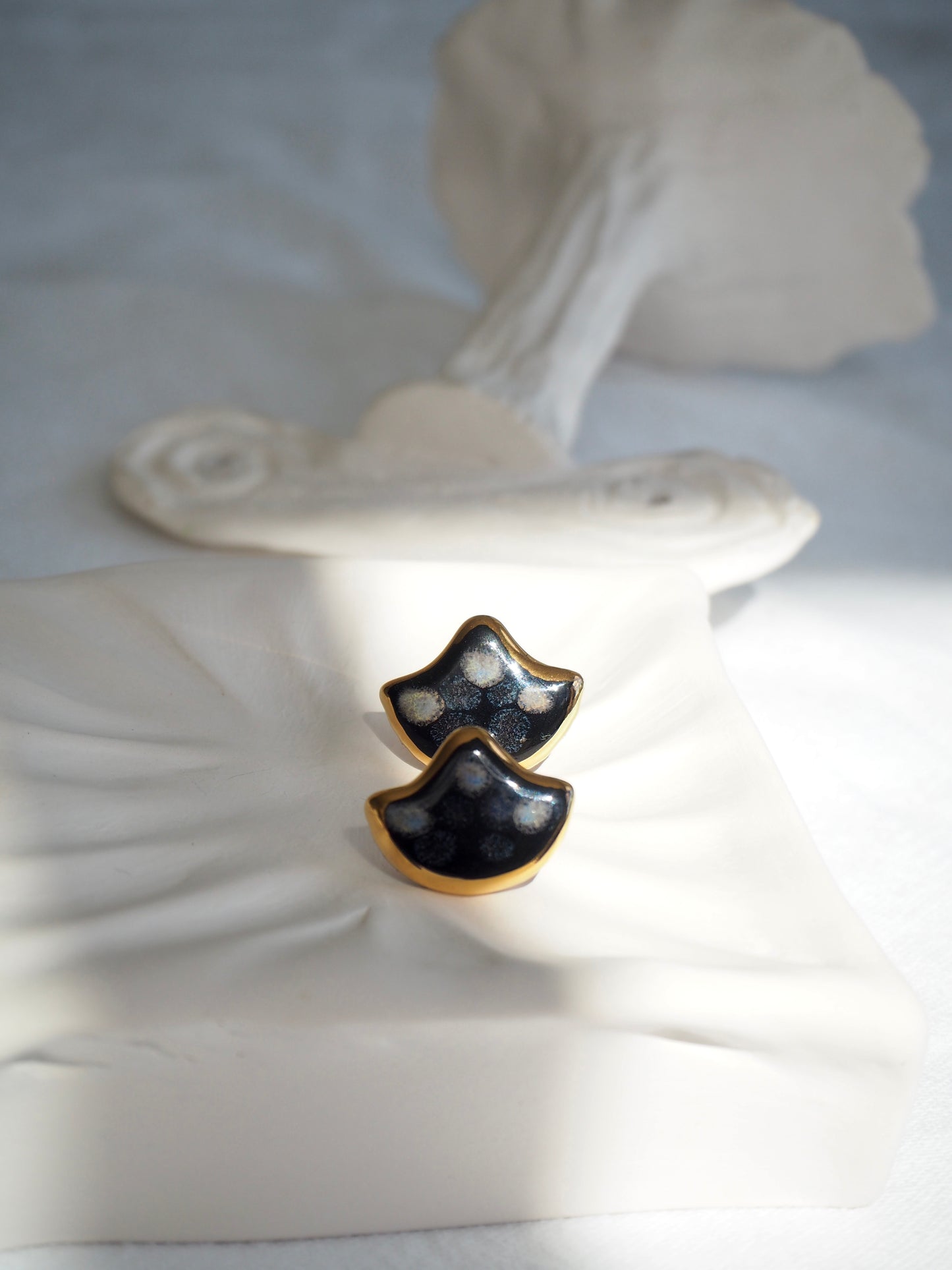 the Jocelyn collection “Conchiglia Black”handmade Porcelain Earrings with 24k gold lustre details