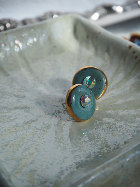 “Bigger Supernova” Speckled Aqua Large Handmade Porcelain Studs with 24k Gold lustre rims and an Swarovskis Crystal