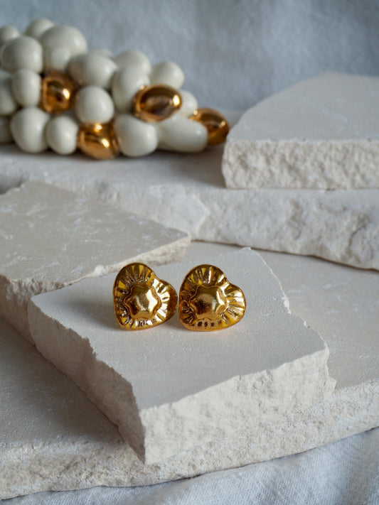 Small Handmade Porcelain Heart Stud Earrings coloured with glossy Yellow glaze with 24k Gold lustre details and Gold center Star