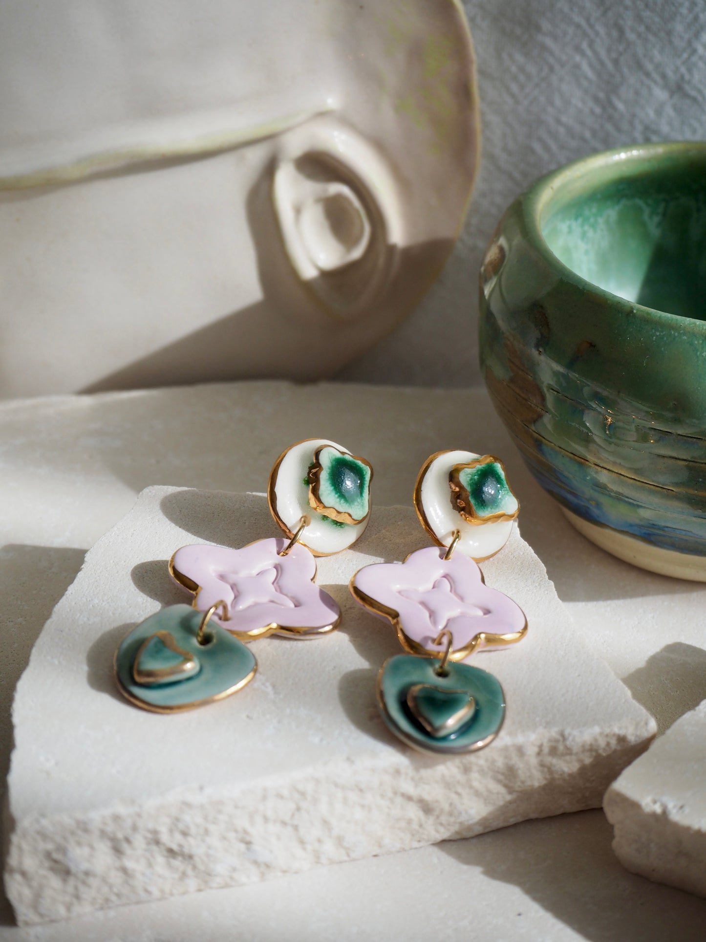 Gioia Originals “Fortunata” Handmade Porcelain Earrings in Greens, White & Lilac glossy glazes with 24k Gold lustre details
