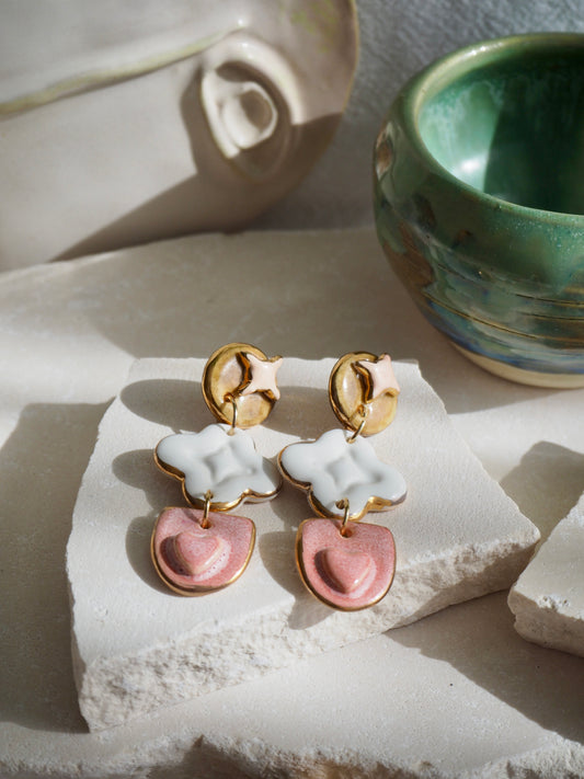 Gioia Originals “Fortunata” Handmade Porcelain Earrings in Camel, White & Pinks glossy glazes with 24k Gold lustre details