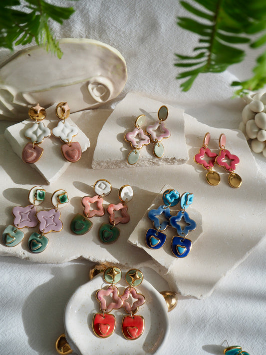 Gioia Originals “Fortunata” Handmade Porcelain Earrings in Mint, Pink & Red glossy glazes with 24k Gold lustre details