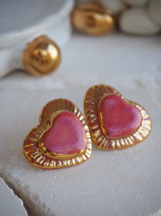 Large Handmade Porcelain Heart Stud Earrings coloured with “Speckled Pink” glossy glaze & 24k Gold lustre details