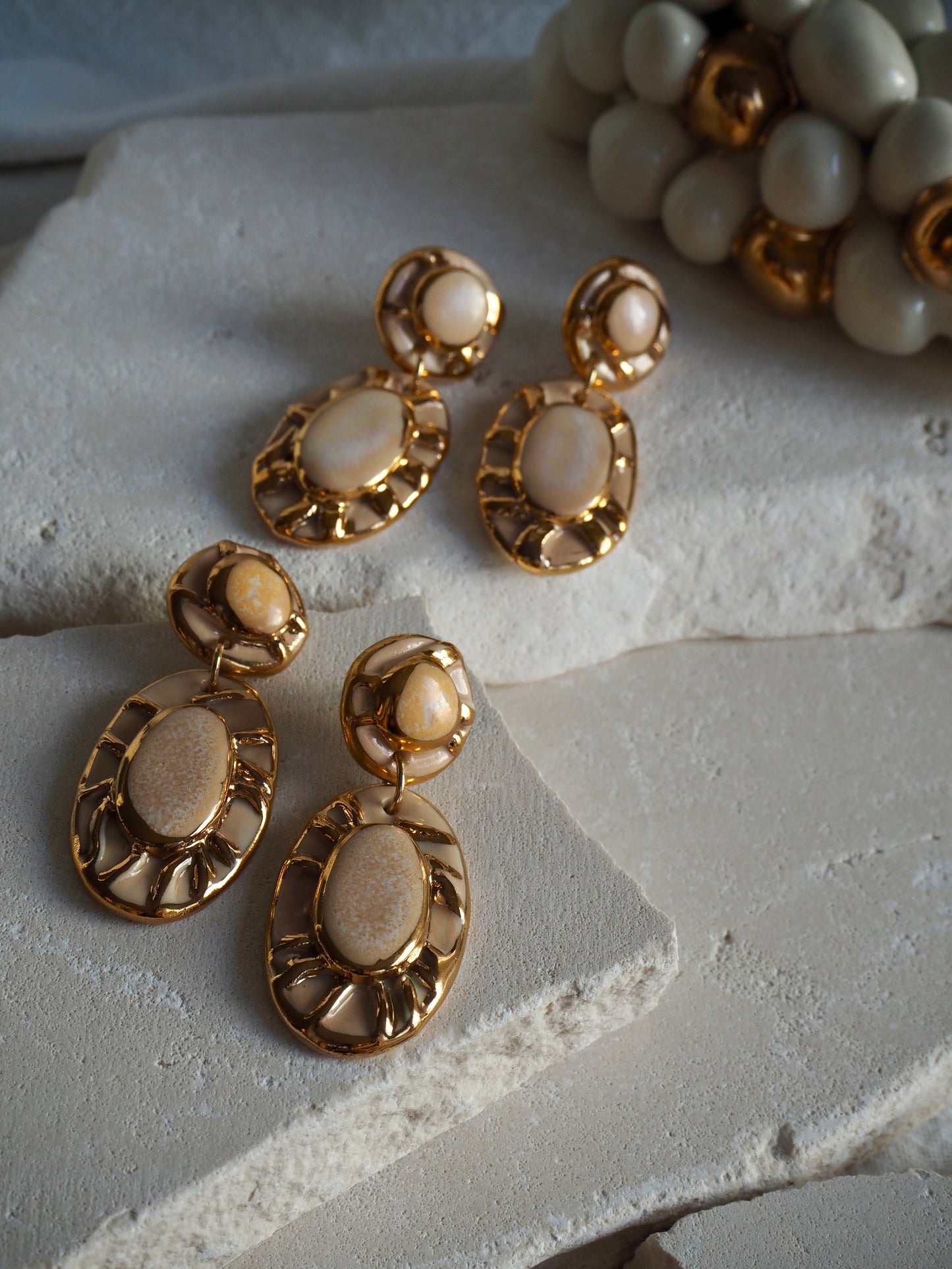 Pietra Collection handmade Porcelain Earrings coloured with Shades of Cream glossy glaze with 24k gold lustre details