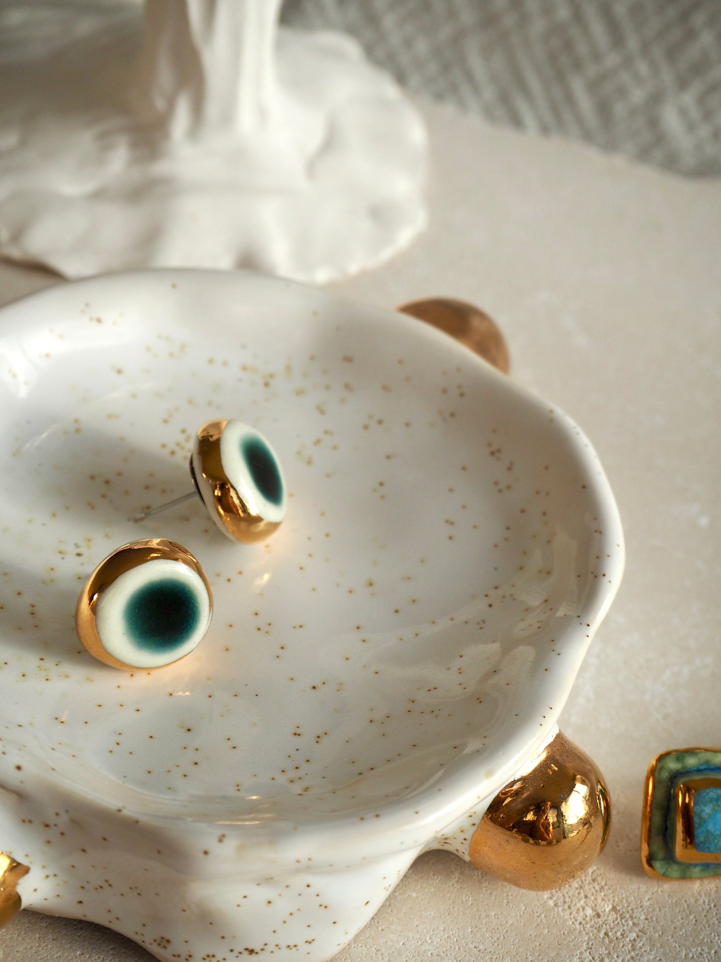 “il Quadrato’s Fontana” Small Handmade Porcelain Studs coloured with Italain Green glossy glaze with 24k Gold lustre details