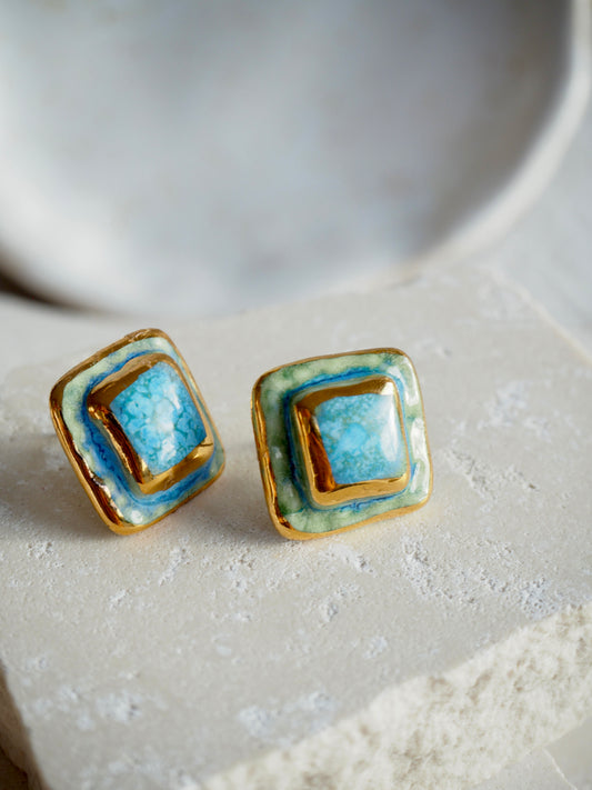 “il Quadrato” Small Handmade Porcelain Studs coloured with “Blues&Greens” glossy glazes with 24k Gold lustre details