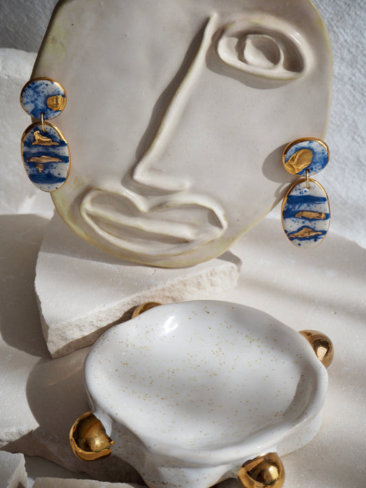 Royal Blue & White Splatter Porcelain Earrings coloured using ceramic stain under clear glaze for glossy look